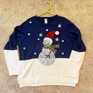 Holiday Time Sweater: Sequin Snowman with Snowflakes | Navy + White | Size XXL
